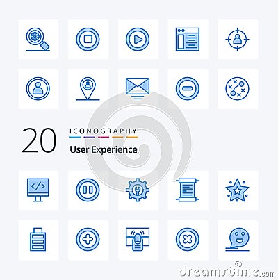 20 User Experience Blue Color icon Pack like simple battery wrench star favorite Vector Illustration