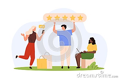 User experience, customers feedback, tiny people holding 5 stars award to rate product Vector Illustration