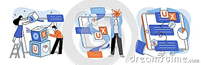 UX design metaphor. Designing software, process of fine-tuning user interface User interface, interface that bridges Vector Illustration