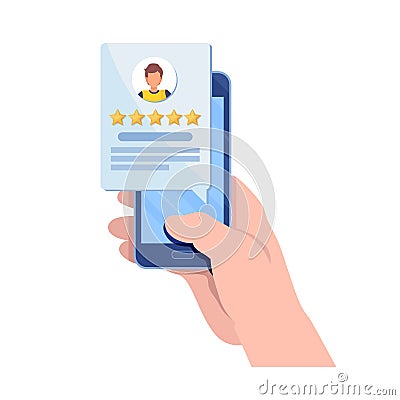 User feedback review scroll. Customer giving five star rating by smartphone application. Cartoon illustration vector graphic. Cartoon Illustration