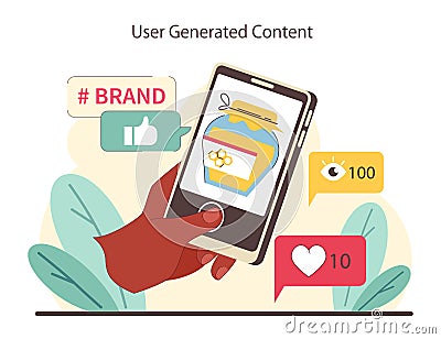 User Generated Content concept. Showcasing brand engagement through social media interactions Vector Illustration