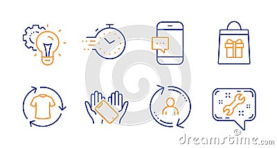 User info, Idea gear and Holidays shopping icons set. Smartphone message, Timer and Change clothes signs. Vector Vector Illustration