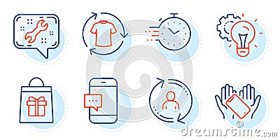 User info, Idea gear and Holidays shopping icons set. Smartphone message, Timer and Change clothes signs. Vector Vector Illustration