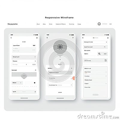 User interface design wireframe featuring three smartphone screens displayed side Stock Photo