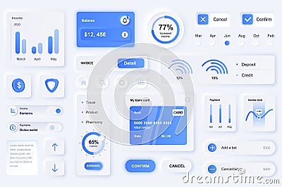 User interface elements for finance mobile app. Unique neumorphic design UI, UX, GUI, KIT elements template. Neumorphism Vector Illustration