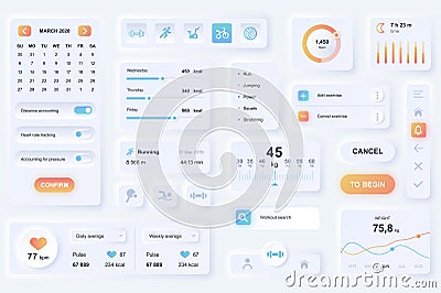 User interface elements for fitness mobile app. Unique neumorphic design UI, UX, GUI, KIT elements template. Neumorphism Vector Illustration
