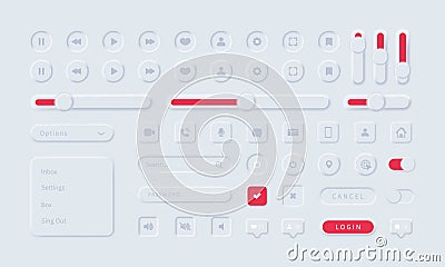 User interface elements for mobile app. Neumorphism icons set. Unique neumorphic ui ux design kit. Manage, navigation, search form Vector Illustration