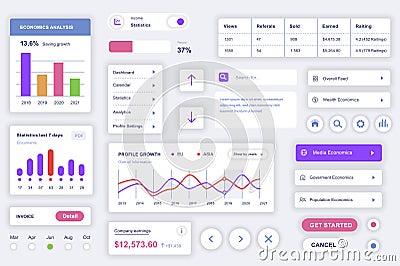 User interface elements set for accounting mobile app. Kit template with HUD diagrams, profile, statistics dashboard, financial Vector Illustration