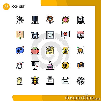 25 User Interface Filled line Flat Color Pack of modern Signs and Symbols of banking, quality tag, clock, quality, light bulb Vector Illustration