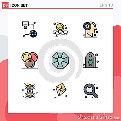 9 User Interface Filledline Flat Color Pack of modern Signs and Symbols of programing, design, dashboard, color, thinking Vector Illustration