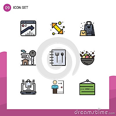 9 User Interface Filledline Flat Color Pack of modern Signs and Symbols of real estate, key, right, home, present Vector Illustration