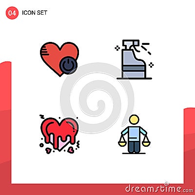 4 User Interface Filledline Flat Color Pack of modern Signs and Symbols of shutdown, bleeding, heart, cleaning, love Vector Illustration