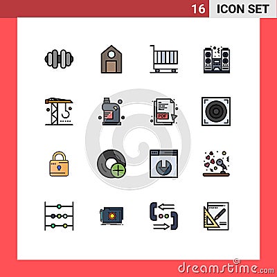 16 User Interface Flat Color Filled Line Pack of modern Signs and Symbols of machinery, construction, finance, spectator, night Vector Illustration