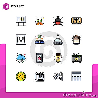 16 User Interface Flat Color Filled Line Pack of modern Signs and Symbols of socket, wagon, flower, vehicle, nature Vector Illustration