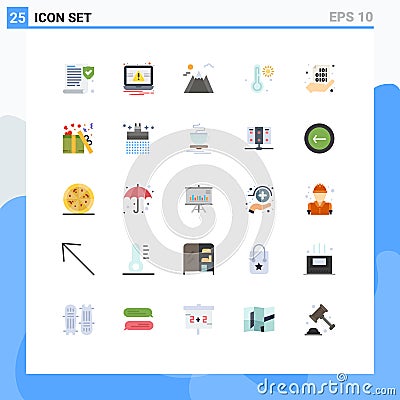 25 User Interface Flat Color Pack of modern Signs and Symbols of coding, share, mountain, binary, weather Vector Illustration