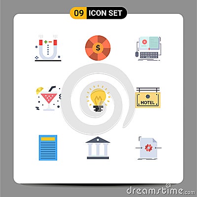 9 User Interface Flat Color Pack of modern Signs and Symbols of creative, beverage, ebook, lemon, glass Vector Illustration