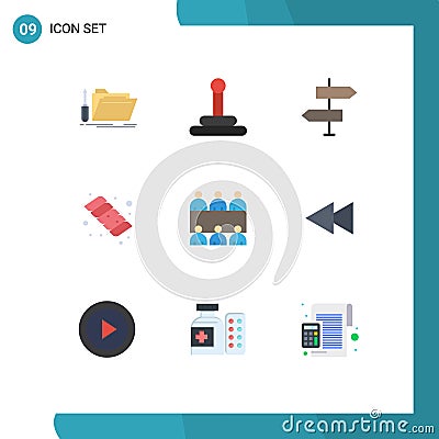 9 User Interface Flat Color Pack of modern Signs and Symbols of table, conference, arrows, marshmallow, camping Vector Illustration