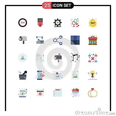 25 User Interface Flat Color Pack of modern Signs and Symbols of wedding, gender, stripe, engagement, time Vector Illustration