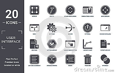 user.interface icon set. include creative elements as metrize, move arrows, external, window back button, crossed arrows, new page Vector Illustration