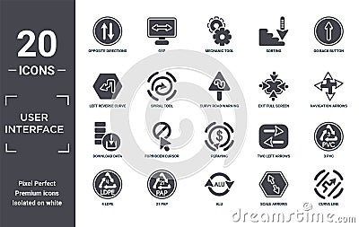 user.interface icon set. include creative elements as opposite directions, go back button, exit full screen arrows, repaying, 21 Vector Illustration