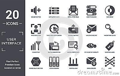 user.interface icon set. include creative elements as volume button, hue circle, unlock envelope, digital certificate, office Vector Illustration