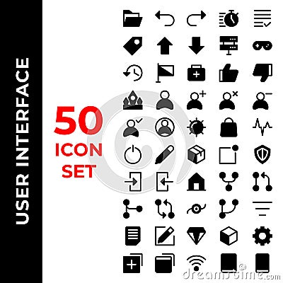 User interface icon set include folder,undo,redo,timer,list,tag,arrows,up,down,server,joystick,history,flag,aid,like,dislike,crown Vector Illustration