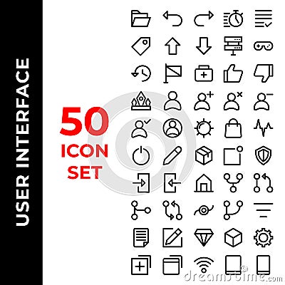 User interface icon set include folder,undo,redo,timer,list,tag,arrows,up,down,server,joystick,history,flag,aid,like,dislike,crown Vector Illustration