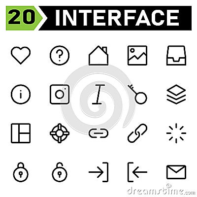 User interface icon set include love, hearth, favorite, like, user interface, help, circle, mark, question, home, house, image, Vector Illustration