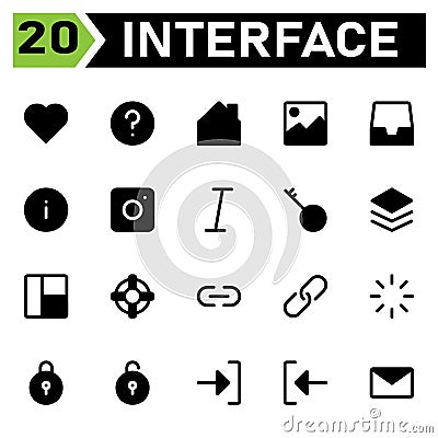 User interface icon set include love, hearth, favorite, like, user interface, help, circle, mark, question, home, house, image, Vector Illustration