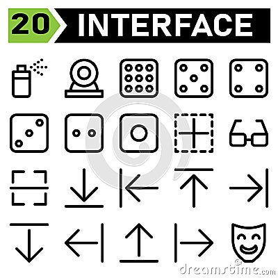 User interface icon set include spray, can, aerosol, bottle, user interface, web cam, camera, cam, record, dice, game, casino, Vector Illustration