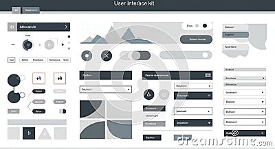 User interface kit with various design elements. Contains sliders, buttons, dropdown menus, toggles, and progress bars Stock Photo