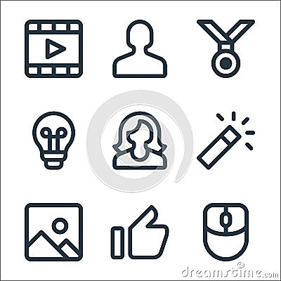 user interface line icons. linear set. quality vector line set such as mouse, like, photo, magic wand, female, bulb, medal, user Vector Illustration