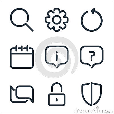 user interface line icons. linear set. quality vector line set such as antivirus, lock, chat, question, information, calendar, Vector Illustration