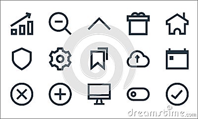 user interface line icons. linear set. quality vector line set such as approve, monitor, cancel, toggle, add, shield, upload, gift Vector Illustration