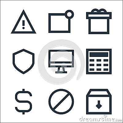user interface line icons. linear set. quality vector line set such as archive, block, dollar, calculator, monitor, shield, gift, Vector Illustration
