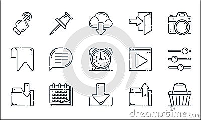 User interface line icons. linear set. quality vector line set such as basket, save, folder, folder, calendar, bookmark, video Vector Illustration