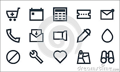 User interface line icons. linear set. quality vector line set such as binocular, favorite, block, map, maintenance, call, color Vector Illustration