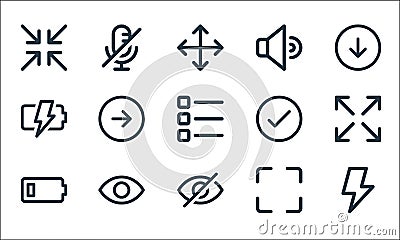 User interface line icons. linear set. quality vector line set such as bolt, hide, low battery, maximize, show, charging, check Vector Illustration