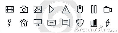 user interface line icons. linear set. quality vector line set such as bolt, shield, letter, energy, pause button, picture, Vector Illustration
