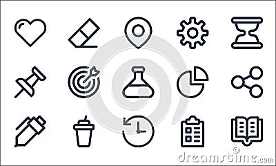 User interface line icons. linear set. quality vector line set such as book, history, pen, clipboard, coffee, push pin, pie chart Vector Illustration