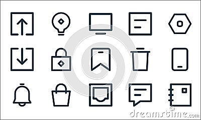 User interface line icons. linear set. quality vector line set such as book, inbox, notification, chat, bag, download, delete, Vector Illustration