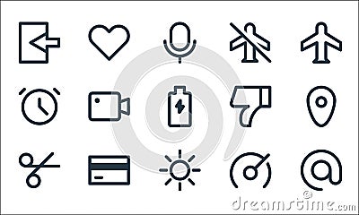 User interface line icons. linear set. quality vector line set such as at, brightness, cutting, speedometer, cit card, clock, Vector Illustration