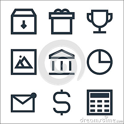 User interface line icons. linear set. quality vector line set such as calculator, dollar, mail, pie chart, bank, picture, winner Vector Illustration