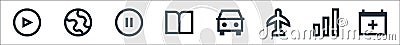 user interface line icons. linear set. quality vector line set such as calendar, bars, airplane, car, book, pause, globe Vector Illustration
