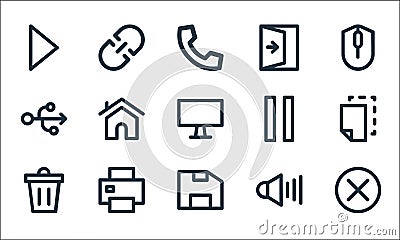 User interface line icons. linear set. quality vector line set such as cancel, save file, remove, volume, printer, usb flash drive Vector Illustration