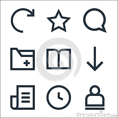 user interface line icons. linear set. quality vector line set such as user, clock, newspaper, arrow down, book, document, chat, Vector Illustration