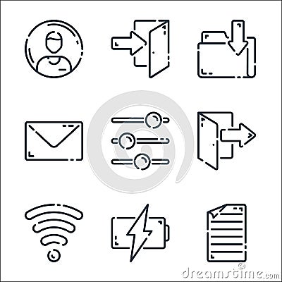 user interface line icons. linear set. quality vector line set such as document, battery, wifi, controls, email, folder, login Vector Illustration