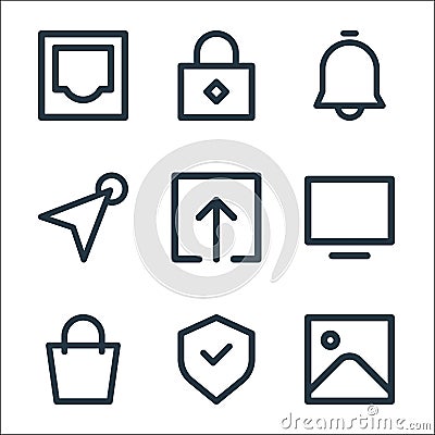 User interface line icons. linear set. quality vector line set such as gallery, security, bag, monitor, upload, cursor, Vector Illustration