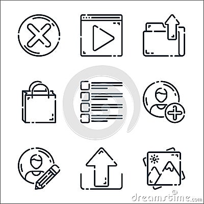 user interface line icons. linear set. quality vector line set such as gallery, upload, profile, accounts, checklist, shopping bag Vector Illustration