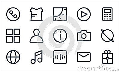 User interface line icons. linear set. quality vector line set such as gift, radio, browser, message, music, application, camera, Vector Illustration